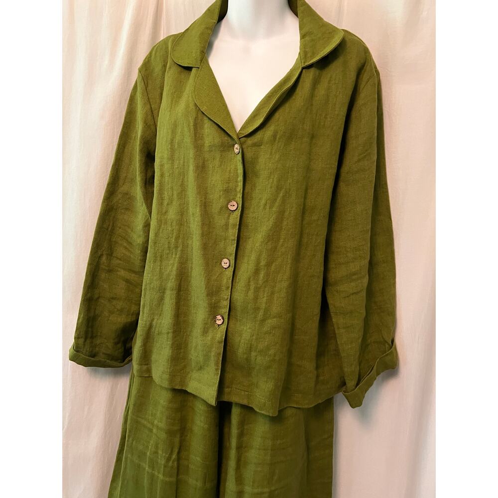 Linen 2-pc blouse pants relax fit loungewear forest green casual logenlook M - Picture 3 of 7
